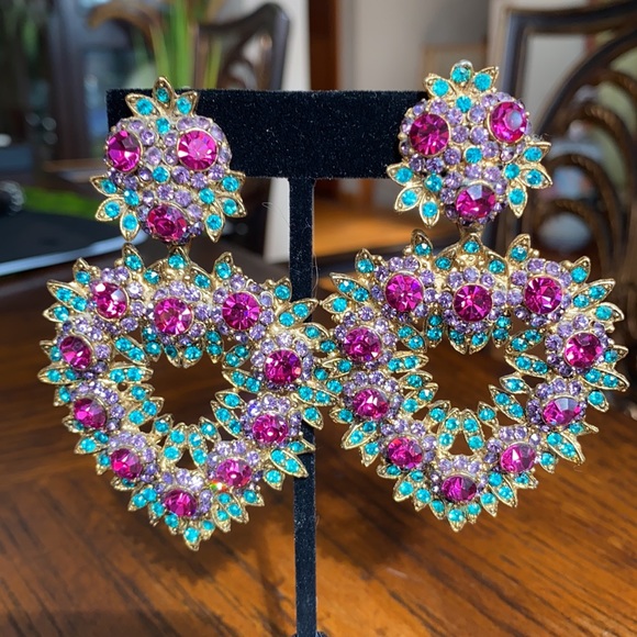 THELMA DEUTSCH EARRINGS: Large Heart Dangle with Fuschia/Violet/Turquoise stones - Picture 1 of 5